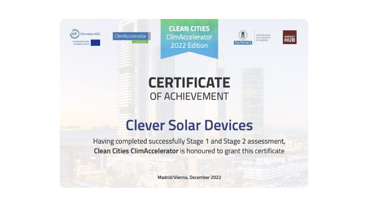 Clever Solar receives European Climate-KIC Acceleration Certification of Clean Cities 2022 Edition