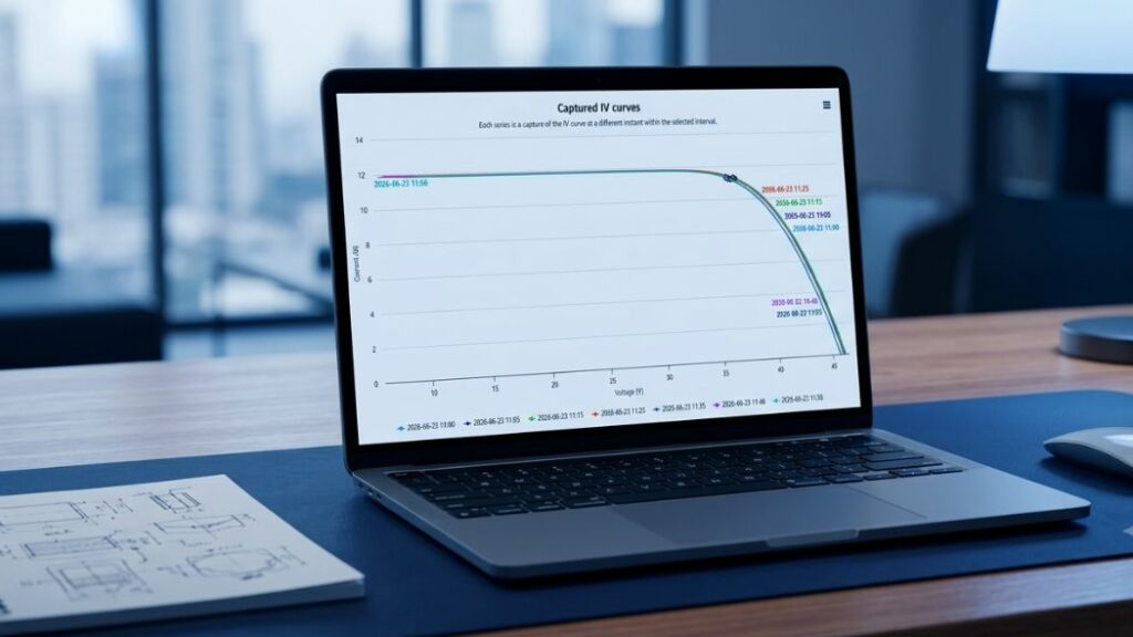 How to Interpret I-V Curves: Diagnosing Anomalies in Photovoltaic Plants 2 Laptop on a desk with an I-V curve on the screen.