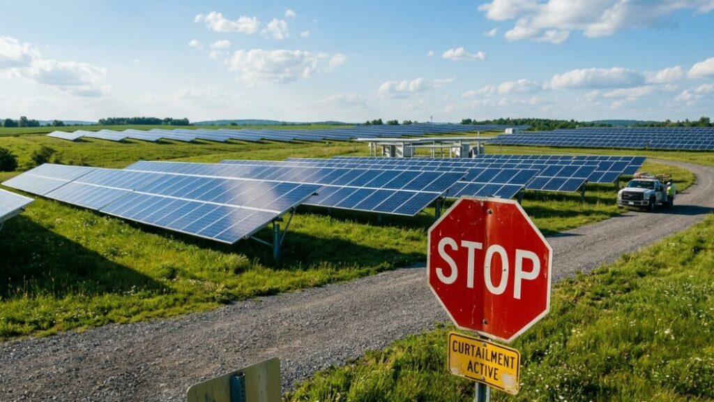 Curtailment en fotovoltaica retratado en una planta solar como una señal de stop.