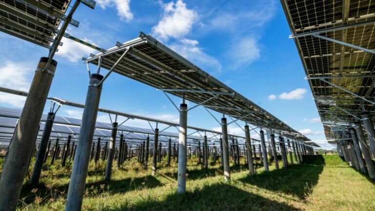 Row of photovoltaic modules at an industrial solar plant, showcasing the mounting structure on concrete pillars. A solar panel string is designed to maximize system voltage.